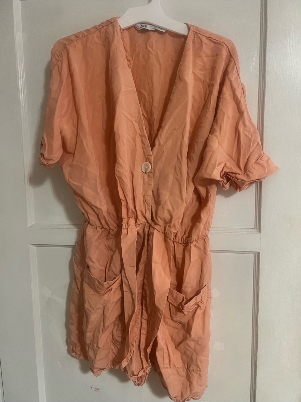 Zara Peach Short-Sleeve Button Romper